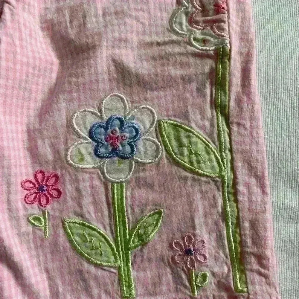 2 pc Cargo Jeans, Elastic Waist & Pink Floral Embroidered Gingham Pants